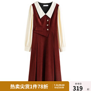 獨束大碼女裝假兩件撞色襯衫領(lǐng)連衣裙女秋冬微胖mm文藝復古穿搭裙子 勃艮第紅【適合160左右】 XL