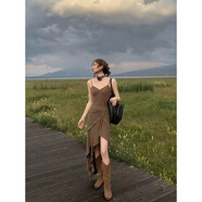 潮思匯美拉德栗咖荷葉邊吊帶連衣裙女春夏2025新款設計感不規則拼接長(cháng)裙 栗咖荷葉邊吊帶裙 L 【現貨速發(fā)】