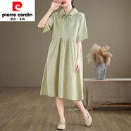皮爾卡丹（pierre cardin）高端品牌原創(chuàng)女裝寬松短袖棉麻polo連衣裙女小眾設(shè)計感夏季襯衫裙 綠色 M 【建議90-110斤】