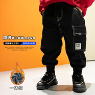 男童春秋季工裝褲子2025寶寶新款兒童套裝哈倫褲男孩休閑 黑色一體絨_白標 90 cm