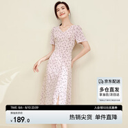 尚都比拉夏季V領(lǐng)碎花連衣裙中長(zhǎng)款收腰顯瘦氣質(zhì)印花裙子 粉底花色 XL 