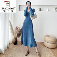 啄木鳥(niǎo)羊·毛絨連衣裙2025新款秋冬收腰打底長(cháng)袖中長(cháng)款毛衣裙過(guò)膝抖音女 藍色 M 95-110斤