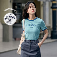 茵曼正肩印花女裝短袖t恤夏季潮趣修身顯瘦襯衣上衣 湖藍色 M