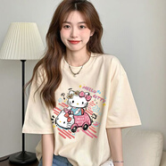 一寸相思純棉杏色短袖t恤女2025新款爆款夏季hellokitty卡通印花上衣體恤 杏色-Kitty貓 L (100-110斤）