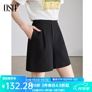 歐莎（OSA）短褲女夏季25年新款高腰直筒闊腿褲休閑五分褲薄款休閑短褲 黑色A S