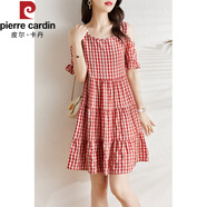 皮爾卡丹（pierre cardin）格子連衣裙女2025年寬松遮肚子顯瘦胖mm休閑大碼時(shí)尚露肩A字裙子 紅格子 M