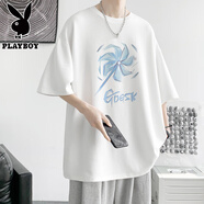 花花公子300G重磅純棉短袖T恤男夏季風(fēng)車(chē)印花半袖大碼寬松體恤打底衫潮流 白色 S 【建議90-105斤】