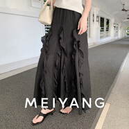 美洋（MEIYANG）清風(fēng)醋酸半裙 亂麻縐醋酸層疊荷葉蕾絲邊長(cháng)裙 黑色 M