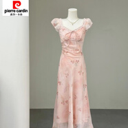 皮爾卡丹（pierre cardin）法式V領(lǐng)粉色小飛袖碎花連衣裙女2025夏季仙女氣質(zhì)收腰溫柔風(fēng)長裙 連衣裙【夏季連衣裙/連身裙/復(fù)古 M