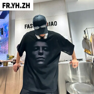 FR.YH.ZH?？邶埲A越碧蓉服裝店男生夏季寬松短袖帥小眾個(gè)性3D人臉打印短袖 黑色 M