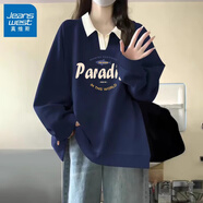 真維斯（Jeanswest）黑色翻領(lǐng)polo衛衣女士春秋冬新款寬松小個(gè)子加絨上衣 薄款藏青色海洋天堂 S