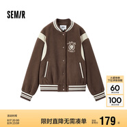 森馬（Semir）外套女刺繡拼接撞色寬松夾克2024冬季仿毛呢棒球服109724108004