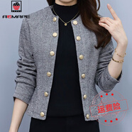 AEMAPE氣質(zhì)修身短款西裝呢子外套女2025春秋新款立領(lǐng)寬松百搭小香風(fēng)上衣 灰色條紋 S 建議80-100斤