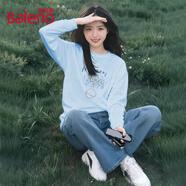 班尼路純棉長(cháng)袖t恤女裝春秋新款寬松休閑女生上衣服百搭潮流內搭打底衫3 霧霾藍#BL藍棕涂鴉花 S