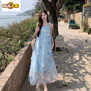 初徑法式立體甜美花朵吊帶連衣裙夏季新款海邊沙灘裙寬松度假網(wǎng)紗裙子 淺藍色 吊帶長(cháng)裙 S 建議80-95斤