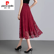 皮爾卡丹（pierre cardin）2025夏季薄款黑色白色繡花紋雪紡半身裙中長(zhǎng)款高腰大擺A字過(guò)膝裙 酒紅底花 2XL 合適體重132-145