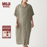 無印良品 MUJI 女式 法國亞麻水洗 五分袖開襟連衣裙 BCL08C0S 深咖啡色 M-L