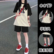 DOGHC女大童春夏套裝12-15歲初中高中學(xué)生女裝寬松短袖T恤休閑闊腿褲潮 AIE插肩上衣+短褲【套裝】 薄款 160 (L) 【100-120斤】