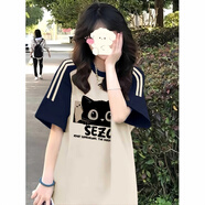 何佳功短袖t恤女拼接三條杠圓領(lǐng)夏季寬松休閑T恤衫半袖款上衣純棉重磅 杏拼藏青 L (105-125斤)