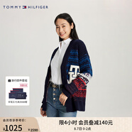 TOMMY HILFIGER男女情侶休閑慵懶風拼色條紋貼布繡寬松開衫毛衣外套33088 藏青紅白藍拼色DW5 M （推薦：135-150斤）