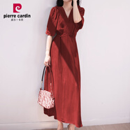 皮爾卡丹（pierre cardin）赫本風(fēng)高級感紅色銅氨絲長(cháng)裙連衣裙女夏新中式盤(pán)扣V領(lǐng)顯瘦A字長(cháng)裙 酒紅色 S