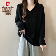 皮爾卡丹200斤大碼V領(lǐng)純色坑條針織毛衣女秋冬寬松遮肚百搭減齡打底衫上衣 黑色 2XL 加大版建議130-160