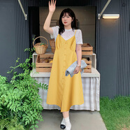 木清清2025夏季新款少女清新蕾絲上衣開叉吊帶裙套裝連衣裙 黃色格子 XL 1XL
