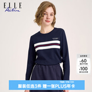 ELLE ACTIVE簡約純棉長袖打底衫女士早秋百搭撞色條紋柔軟舒適圓領T恤女 藏青色 M