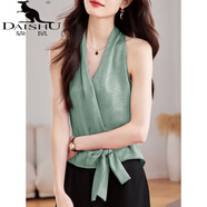 袋鼠（DAISHU）法式氣質(zhì)V領(lǐng)掛脖桑蠶絲吊帶背心女夏季收腰綁帶小衫外穿無(wú)袖上衣 綠色 L