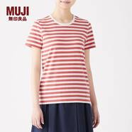 無(wú)印良品 MUJI 女式 印度棉天竺編織 圓領(lǐng)短袖T恤 煙熏橙色X條紋 M