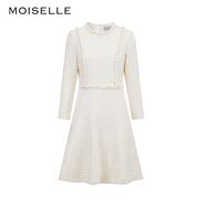 MOISELLE慕詩(shī)秋冬新品圓領(lǐng)收腰連衣裙顯瘦花呢a字裙5U329 淺白色 36/S 均碼