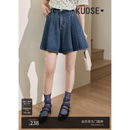 闊色（kuose）復(fù)古高腰百褶牛仔半身裙褲春夏新款女藍(lán)色a字短褲子 藍(lán)色 M
