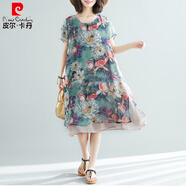皮爾卡丹夏季新款遮肚子藏肉顯瘦胖加肥加大碼200斤媽媽雪紡短袖連衣裙 荷花 3XL 建議160~180斤