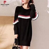 皮爾卡丹（pierre cardin）針織連衣裙女2025新款蝙蝠袖秋冬黑色女裝直筒秋款長(zhǎng)袖小個(gè)子裙子 黑色白邊 M 建議80-100斤