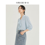 曼·貝（MANBEI）情人節禮物新款女裝夏季雪紡襯衫短袖氣質(zhì)通勤大碼時(shí)尚襯衫 藍綠色 M