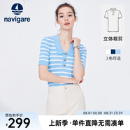 Navigare意大利小帆船短袖針織衫女士夏季顯瘦時(shí)尚條紋POLO衫V領(lǐng)毛衣T恤衫 冰水藍/白 XL 碼