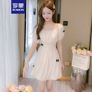 羅蒙（ROMON）法式小個(gè)子連衣裙女夏裝2025年新款夏季女網(wǎng)紗仙女裙收腰顯瘦氣質(zhì) 杏色 M -95-105斤
