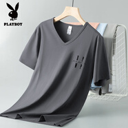 花花公子（PLAYBOY）莫代爾短袖t恤男V領(lǐng)上衣服潮流夏季冰絲涼感透氣速干半袖印花體恤 8803-6050深灰色 S