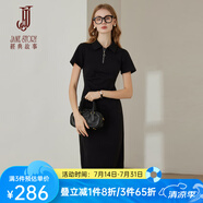 經(jīng)典故事（JANE STORY）2025年新款黑色翻領(lǐng)連衣裙女夏季收腰顯瘦拉鏈裙子短袖中長(zhǎng)款裙 黑色 L
