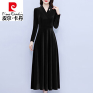 皮爾卡丹（pierre cardin）長(zhǎng)袖絲絨洋裝女2025春秋新款品牌洋派高貴媽i媽秋裝氣質(zhì)裙子 黑色 M (95-104斤)