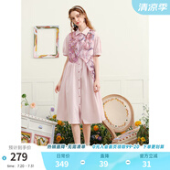 兩三事襯衫裙女2025夏季新款假兩件連衣裙油畫拼接裙子花雨初 水粉色 L