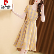 皮爾卡丹（pierre cardin）黃色英倫格子雪紡連衣裙2025新款夏季氣質(zhì)收腰減齡簡(jiǎn)約中長(cháng)款裙子 黃色 2XL