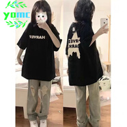 YOMC2025韓版字母印花t恤女ins中長(zhǎng)款高街上衣女潮bf短袖T恤女 黑色 M (86-105斤)