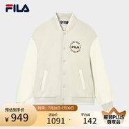 FILA 斐樂官方情侶款梭織外套秋休閑寬松棒球服保暖上衣 麥稈米色-BG L