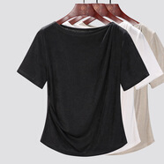 修嫻（soossn）醋酸短袖t恤女裝2025年夏季新款時(shí)尚純色一字肩顯 黑色 M