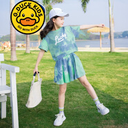 G.DUCKKIDS品牌童裝女童套裝夏季套裙兒童夏裝短袖T恤半身裙子兩件套中大童 綠色 170