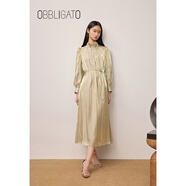 OBBLIGATO奧麗嘉朵2025秋季新品立體褶皺花瓣領(lǐng)釘珠系帶連衣裙 淺金 S
