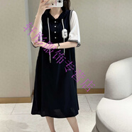 夢(mèng)夢(mèng)奇帶帽子連衣裙夏季棉綢韓版寬松顯瘦撞色拼接人造棉休閑大碼連帽 深藏青色G版 3XL 130斤以下