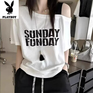花花公子（PLAYBOY）加大碼胖mm300斤斜肩吊帶短袖T恤女夏季寬松遮肉顯瘦印花露肩上衣 白色-旗艦款 XL _建議110-145斤