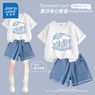 真維斯童裝女童套裝夏季2025新款兒童純棉t恤薄款女孩運動衣服夏裝牛仔短褲 白/J照相小狗-牛仔藍(lán)/J純色 140